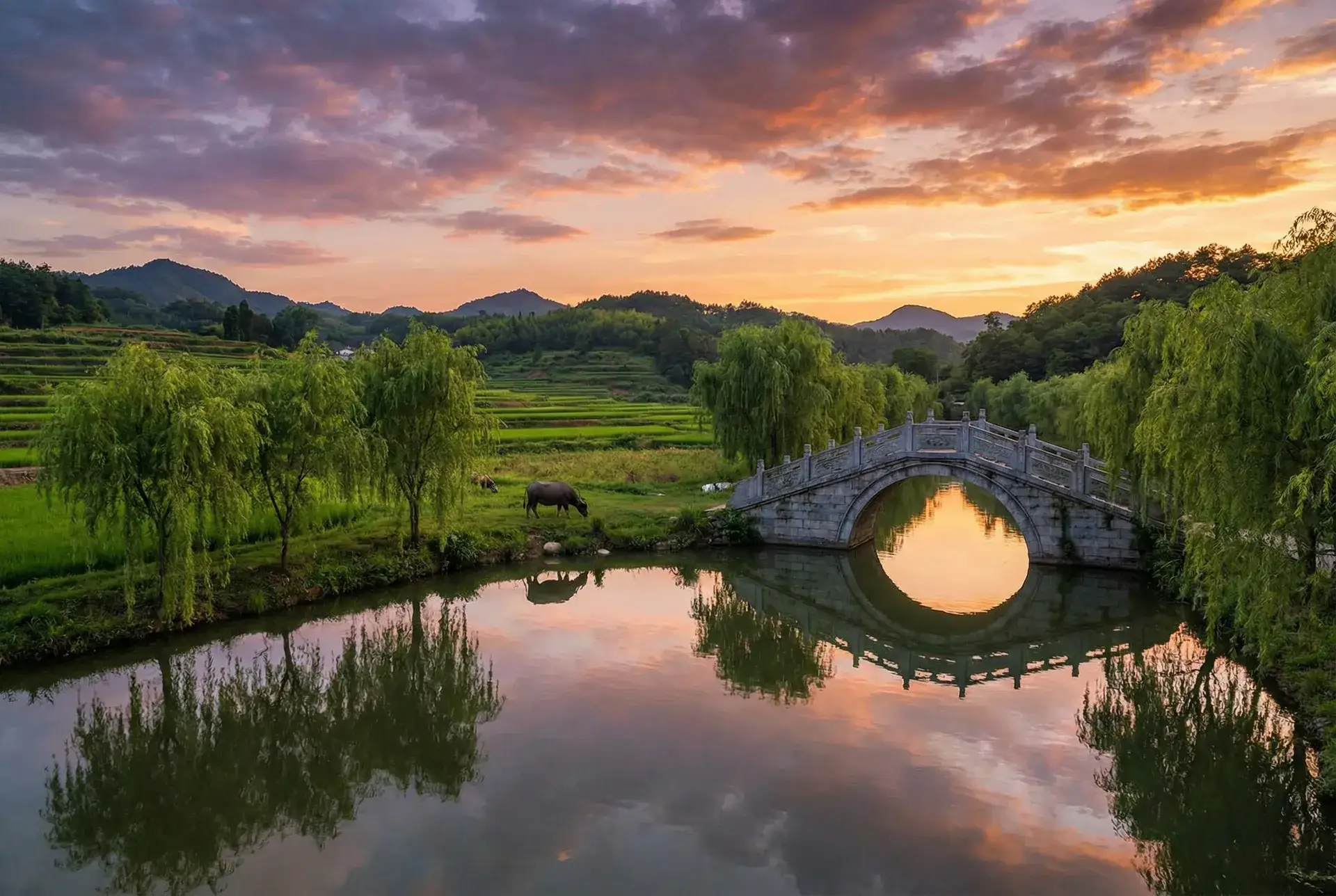 夕阳下的石拱桥与垂柳，水牛在河边吃草 - 红桃影视 乡村美景